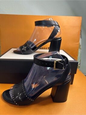 Louis Vuitton Black Studded Block Heel Sandals with Gold Buckle